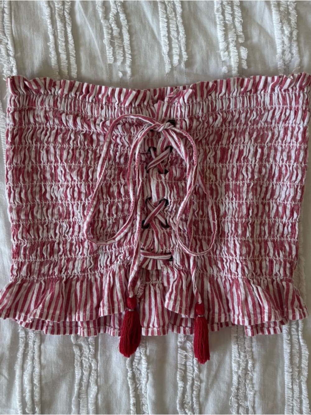 American Eagle Smocked Strapless Tube Top Lace Up Red White XS